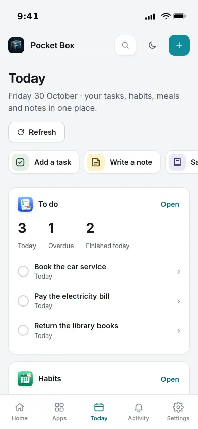 Today on an iPhone: three tasks due today, one overdue, two finished, with the habits card below