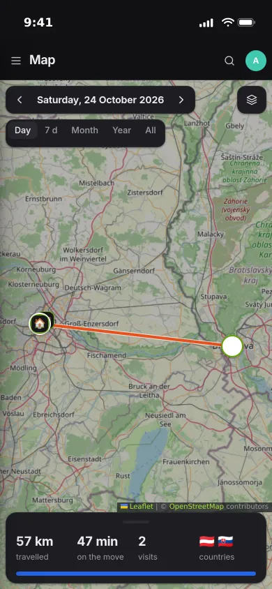A Saturday day trip on an iPhone map: 57 km from home to a neighbouring capital, two countries