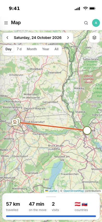 A Saturday day trip on an iPhone map: 57 km from home to a neighbouring capital, two countries