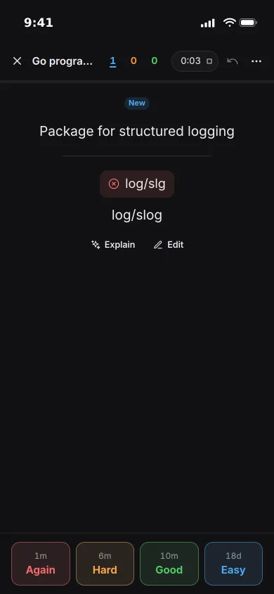A type-the-answer card on an iPhone: the typed answer log/slg is marked wrong under the correct log/slog