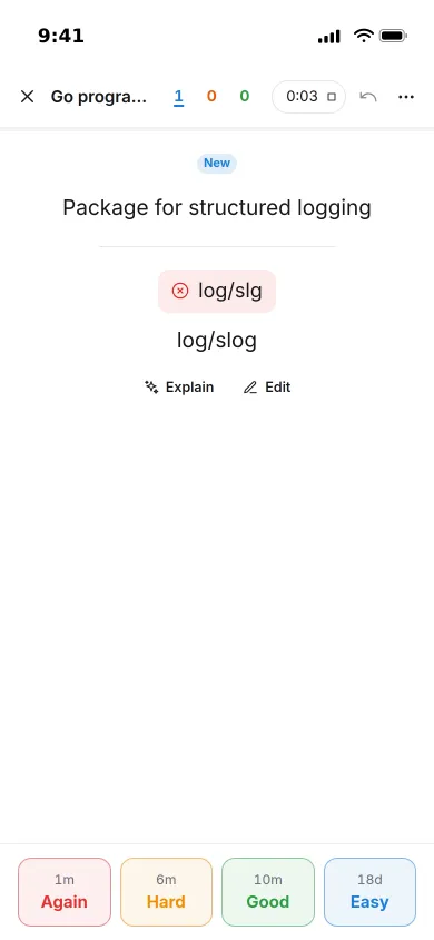 A type-the-answer card on an iPhone: the typed answer log/slg is marked wrong under the correct log/slog