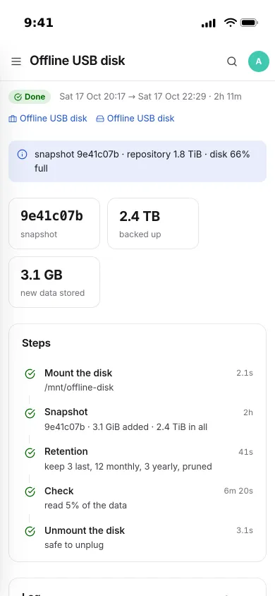 An offline USB disk run on an iPhone: mount, snapshot, retention, check and unmount, ending with safe to unplug