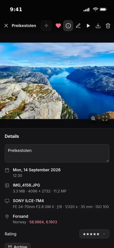 A fjord photo open on an iPhone with its details: date, file, camera, place and a five-star rating