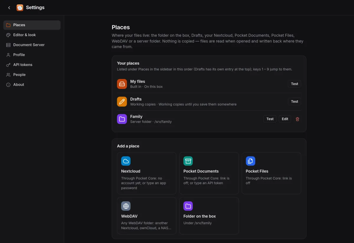 The Places settings: My files, Drafts and a family server folder, and cards to add Nextcloud, Pocket Documents, Pocket Files, WebDAV or a folder