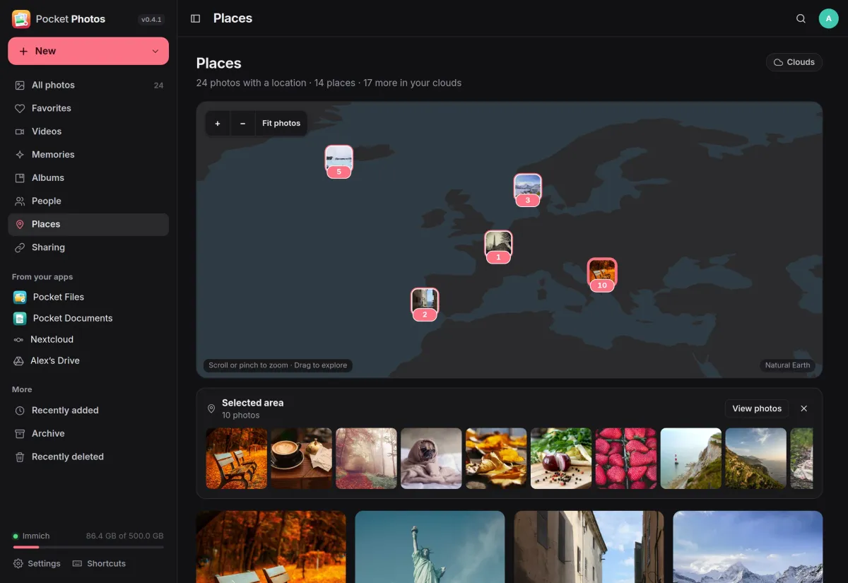 The Places map of Europe with photo pins and counts, and the photos from the selected area below