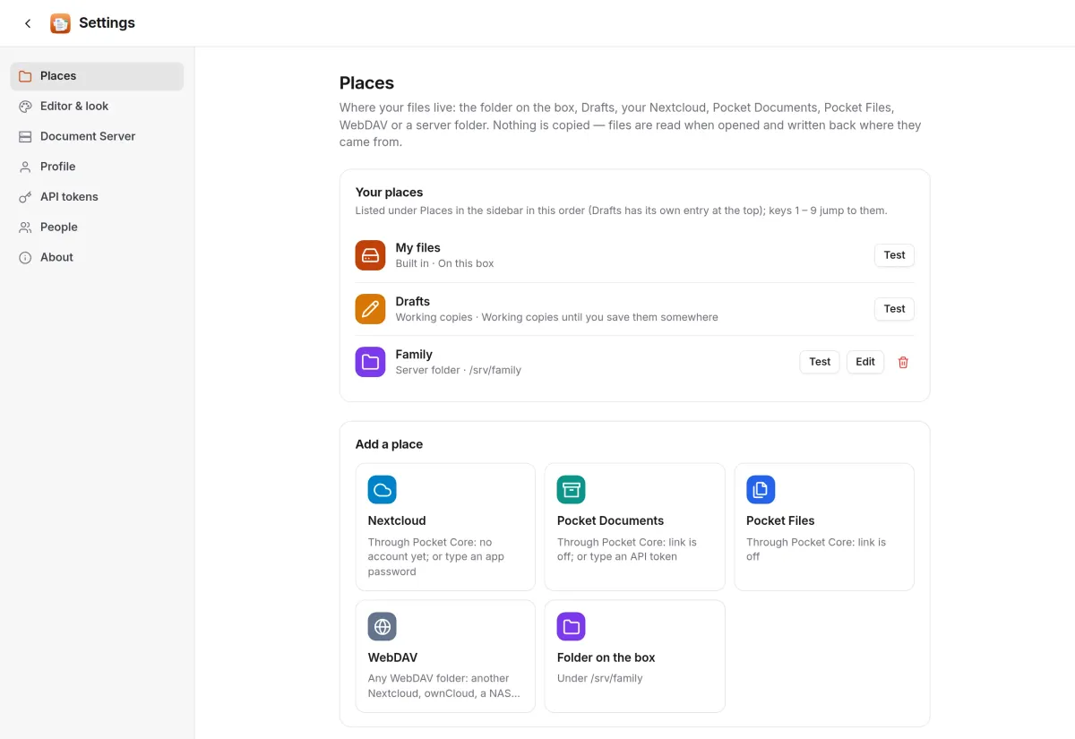The Places settings: My files, Drafts and a family server folder, and cards to add Nextcloud, Pocket Documents, Pocket Files, WebDAV or a folder