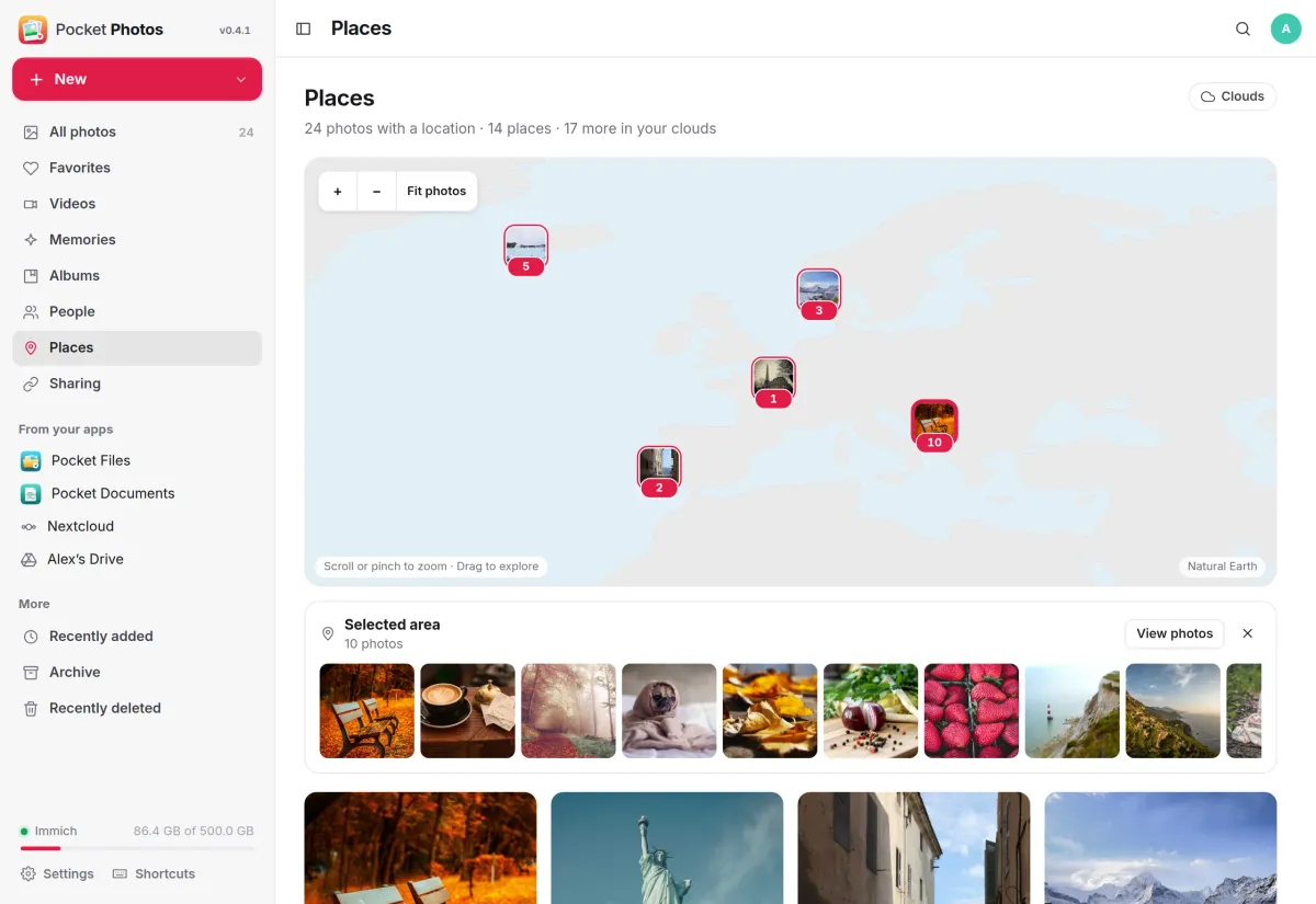 The Places map of Europe with photo pins and counts, and the photos from the selected area below