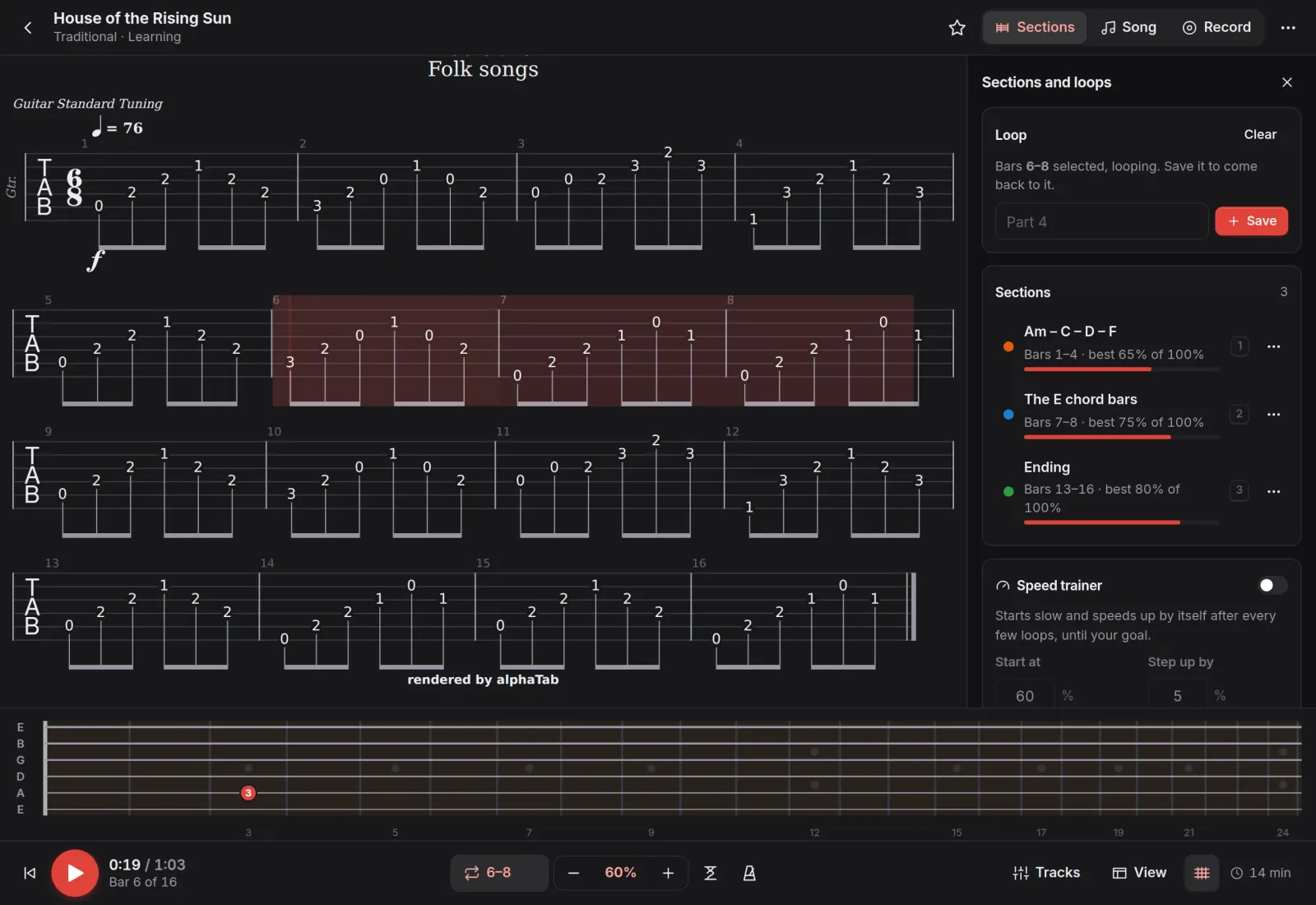 The player with House of the Rising Sun: bars 6 to 8 looped at 60 % speed, sections on the side and the fretboard below