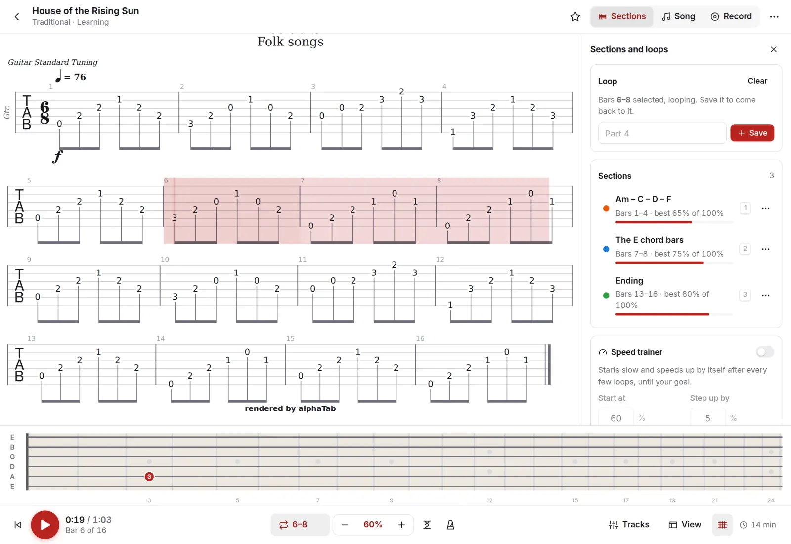 The player with House of the Rising Sun: bars 6 to 8 looped at 60 % speed, sections on the side and the fretboard below