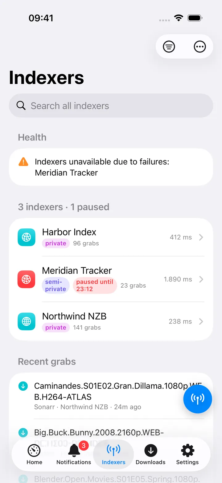 Indexers hub with health, indexer list and recent grabs