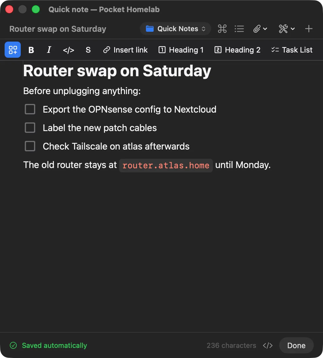 The Quick Note panel with a heading, a three-item checklist and an inline code host name
