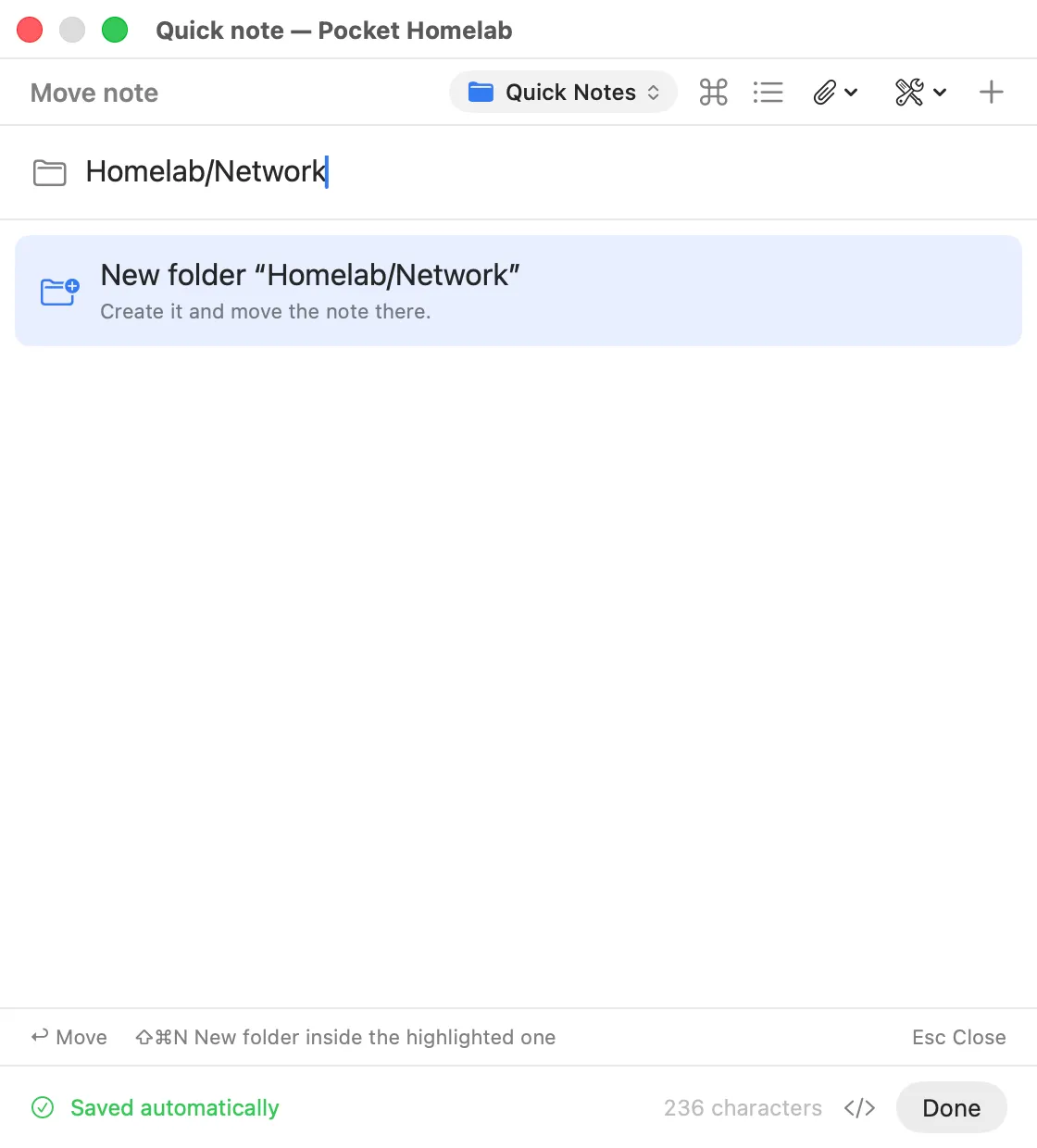 The move chooser offering a new folder called Homelab/Network
