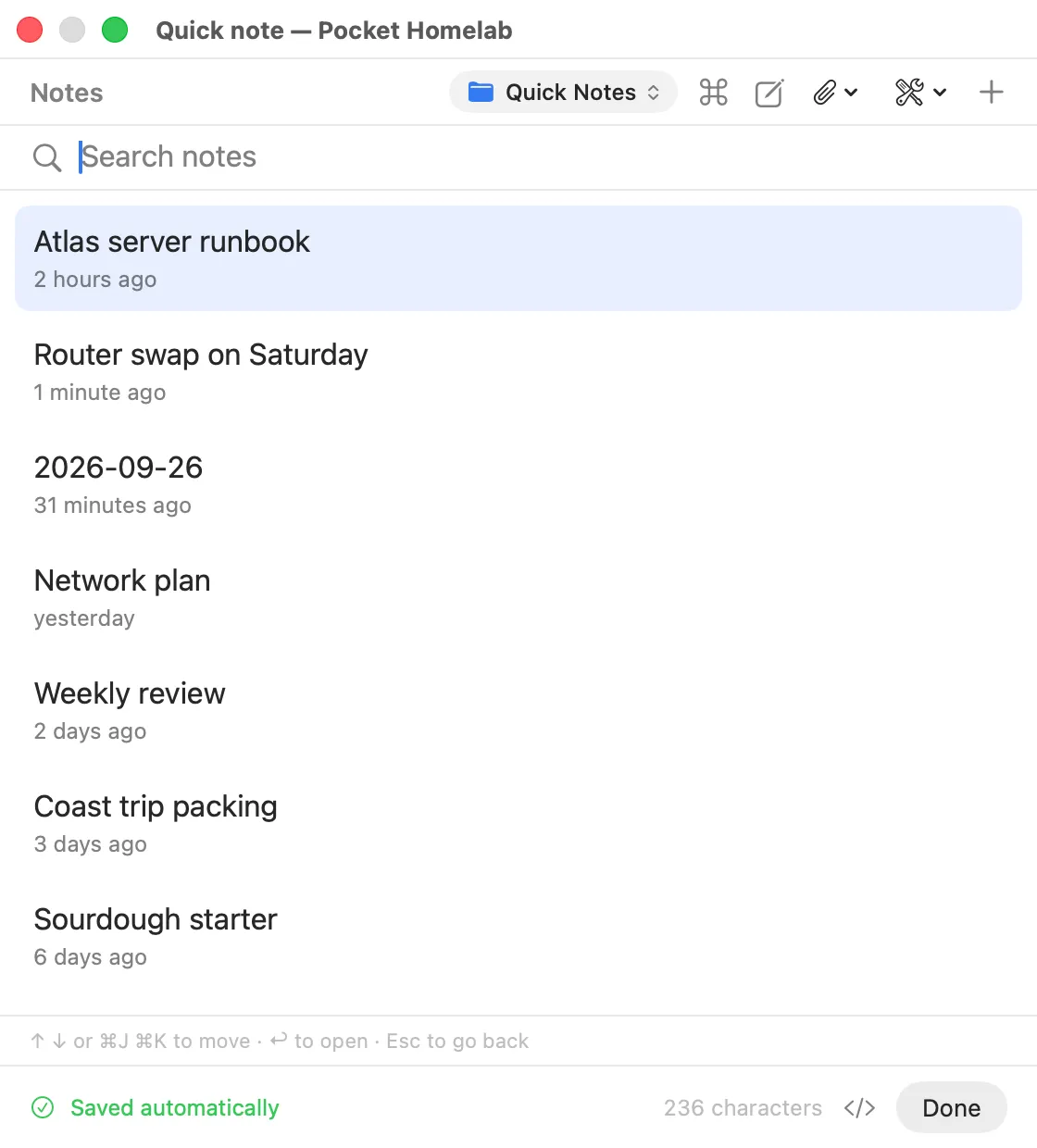 The note search listing notes with their ages