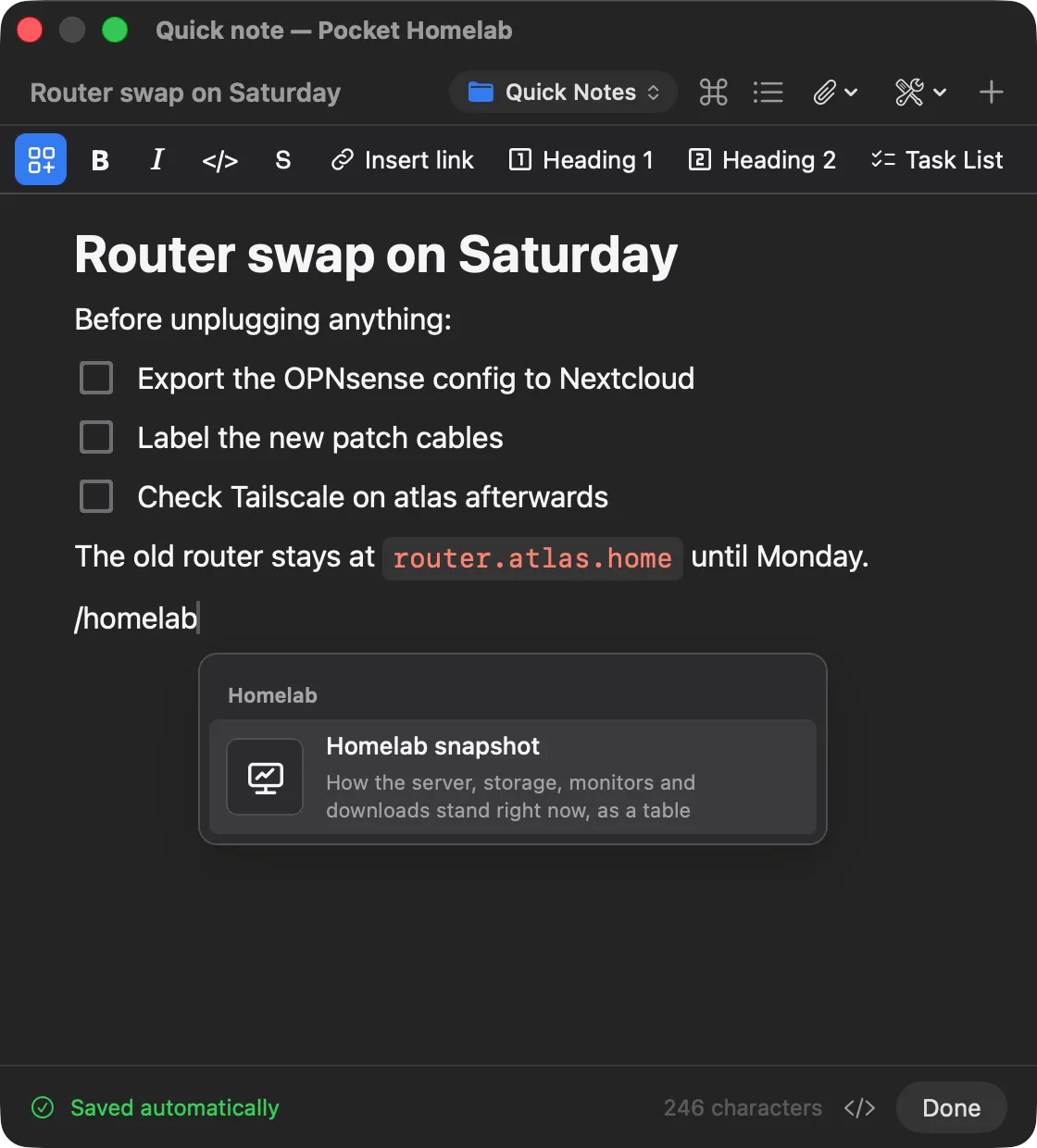 The slash menu filtered to Homelab snapshot