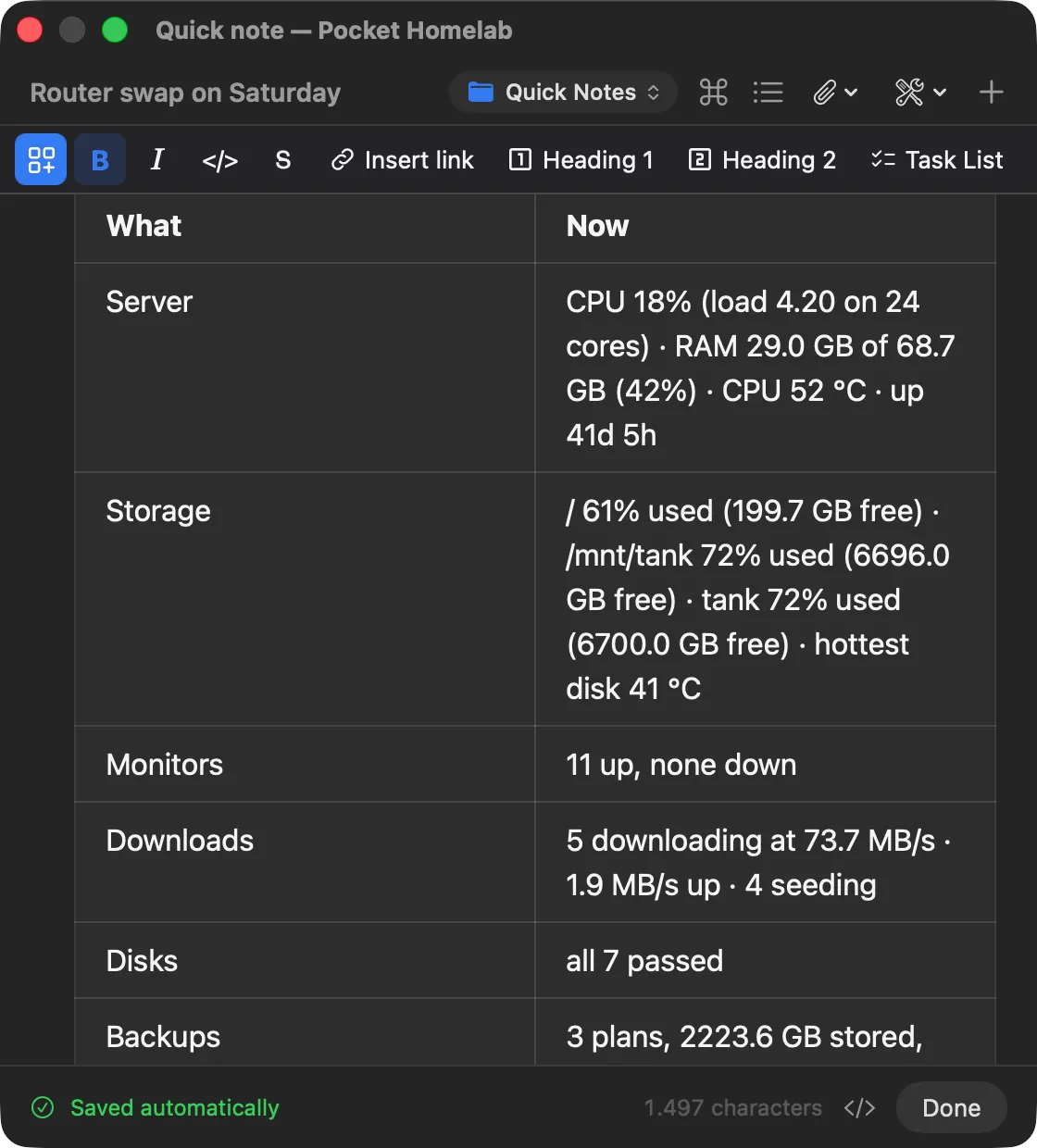 A table with server, storage, monitors, downloads, disks and backups