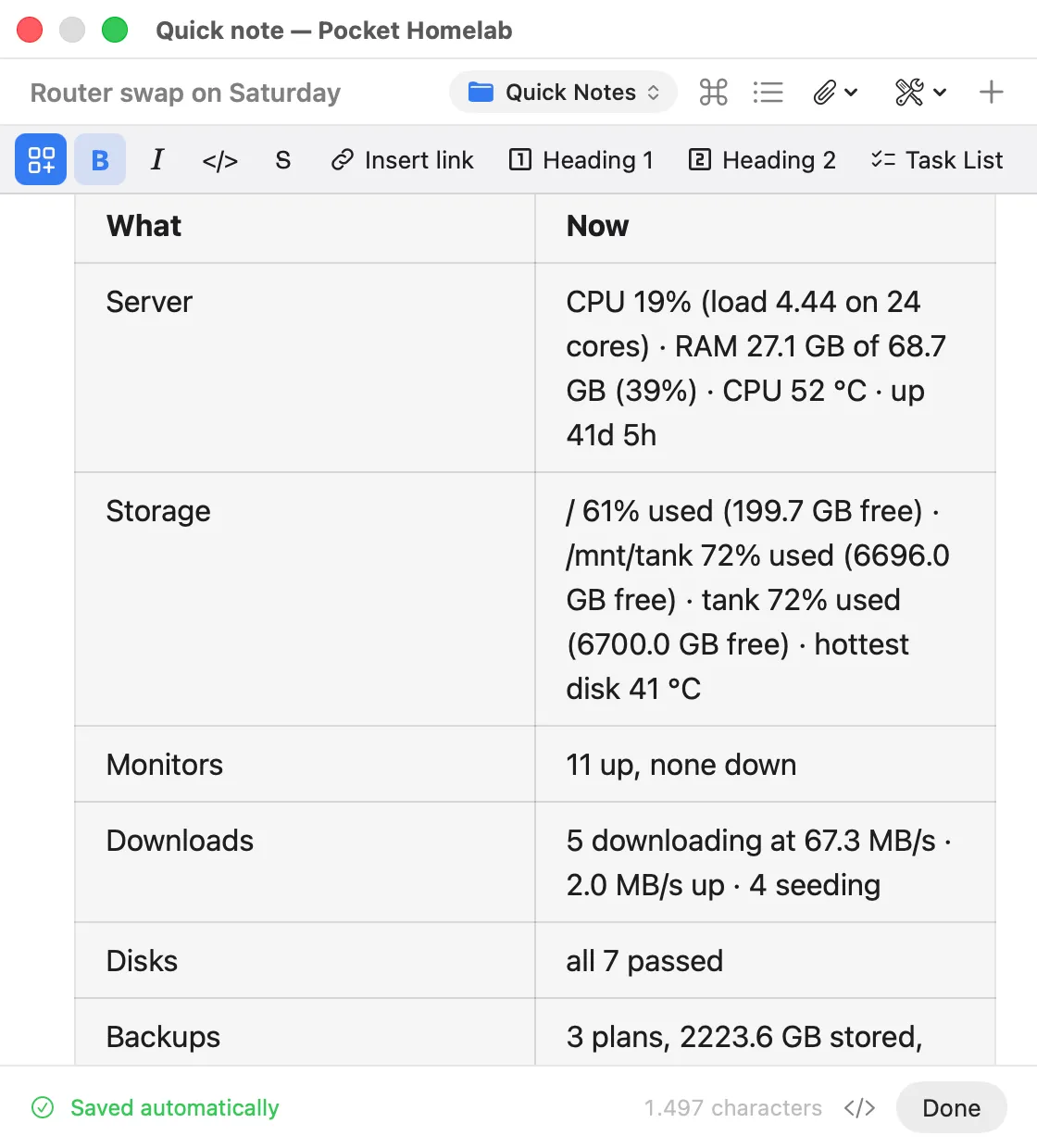 A table with server, storage, monitors, downloads, disks and backups