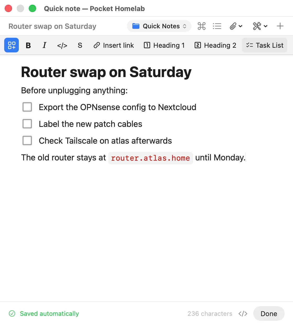 The Quick Note panel with a heading, a three-item checklist and an inline code host name