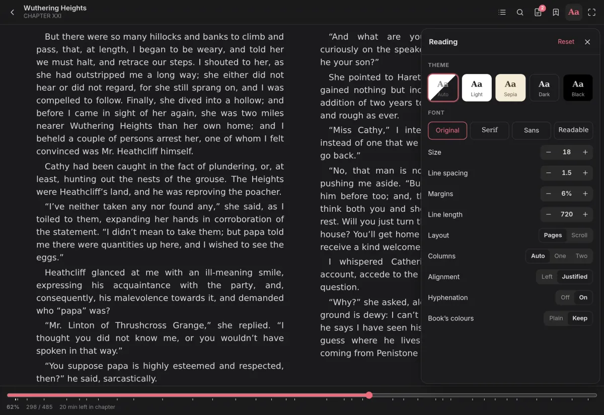 Wuthering Heights in the reader, in two columns, with the Reading panel open: themes, fonts, size and layout