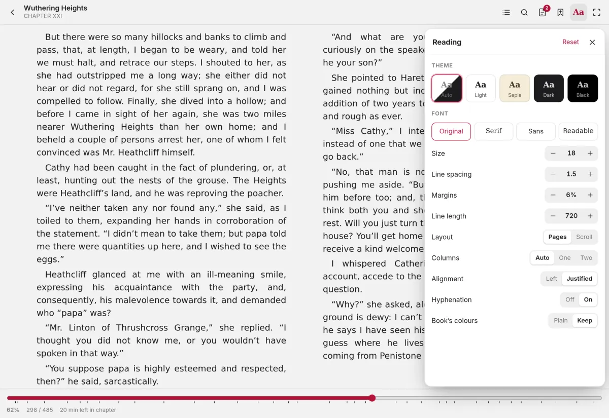 Wuthering Heights in the reader, in two columns, with the Reading panel open: themes, fonts, size and layout