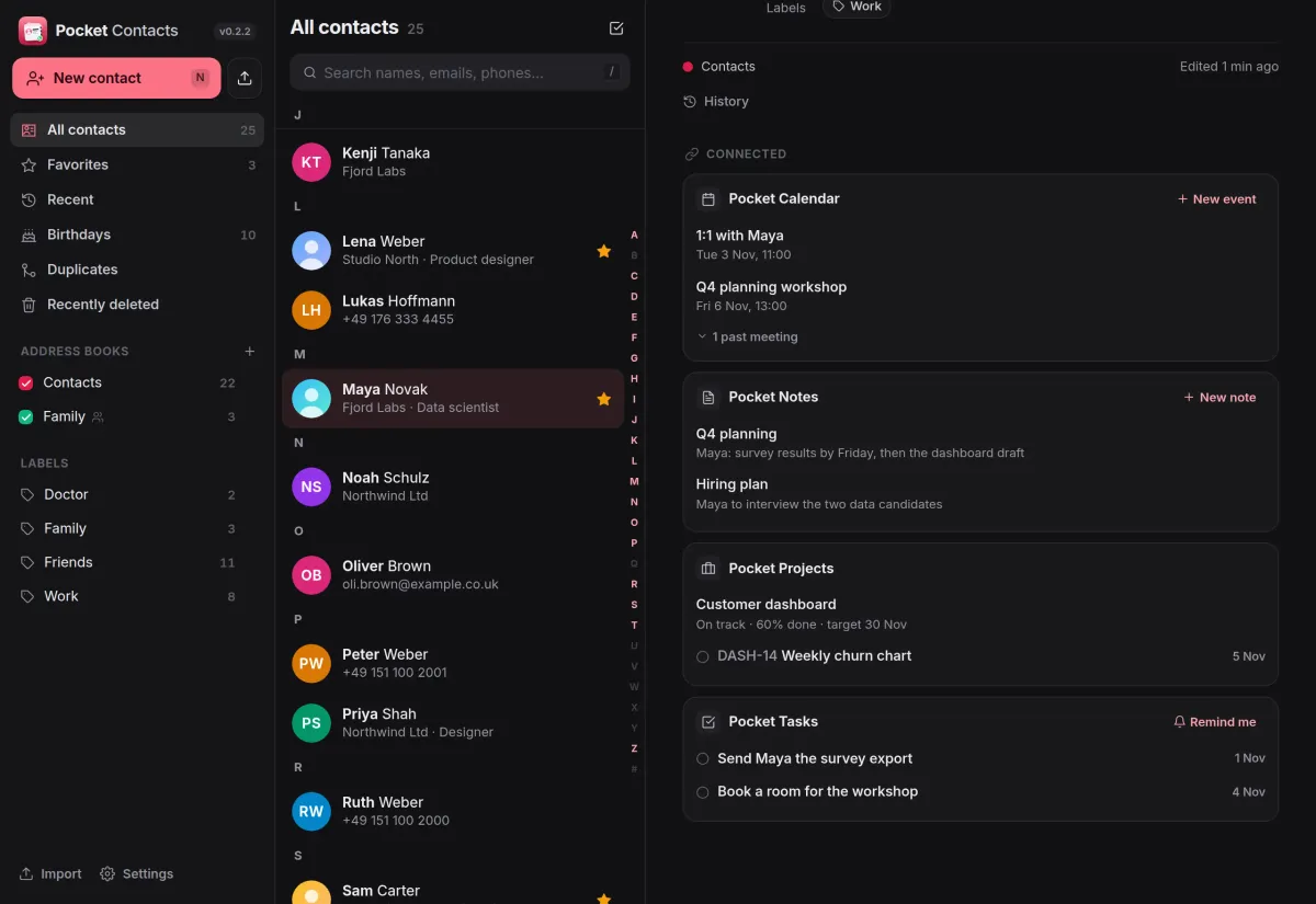 A contact's connected apps: two upcoming meetings, two notes, a project with its progress and two tasks