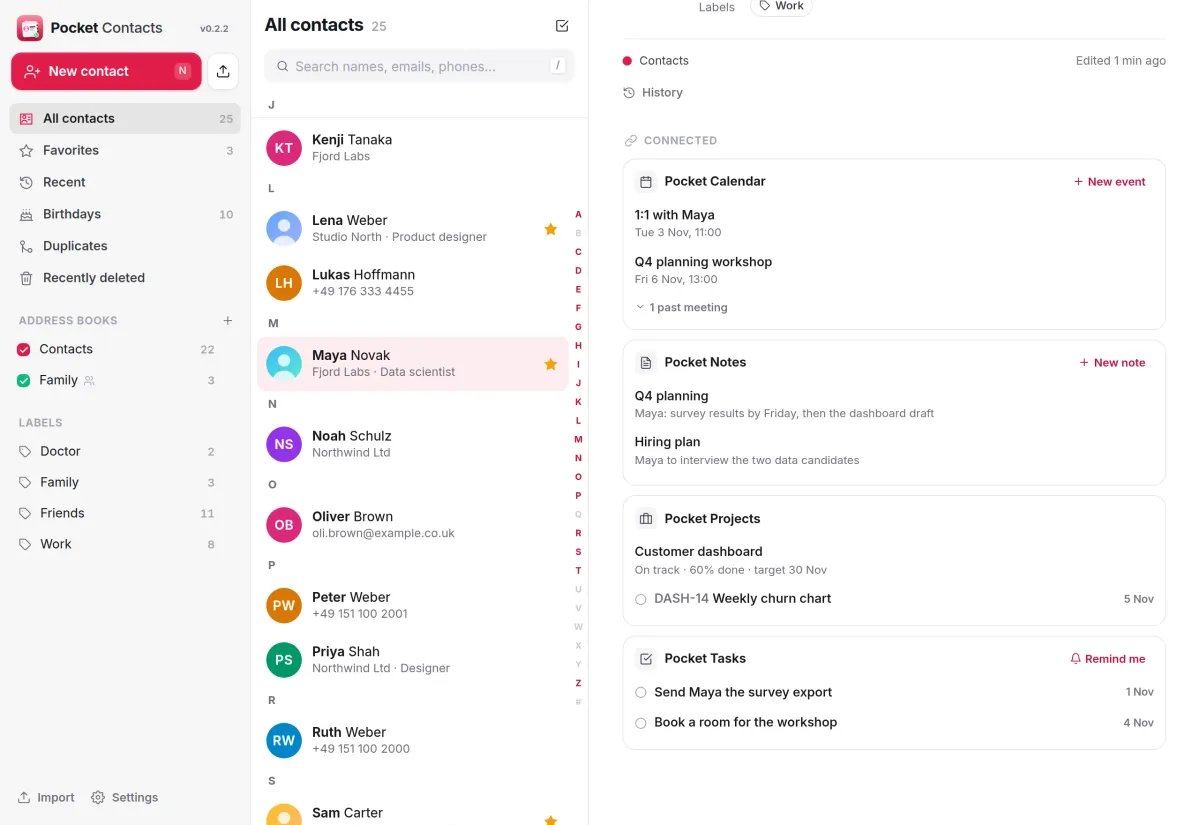 A contact's connected apps: two upcoming meetings, two notes, a project with its progress and two tasks