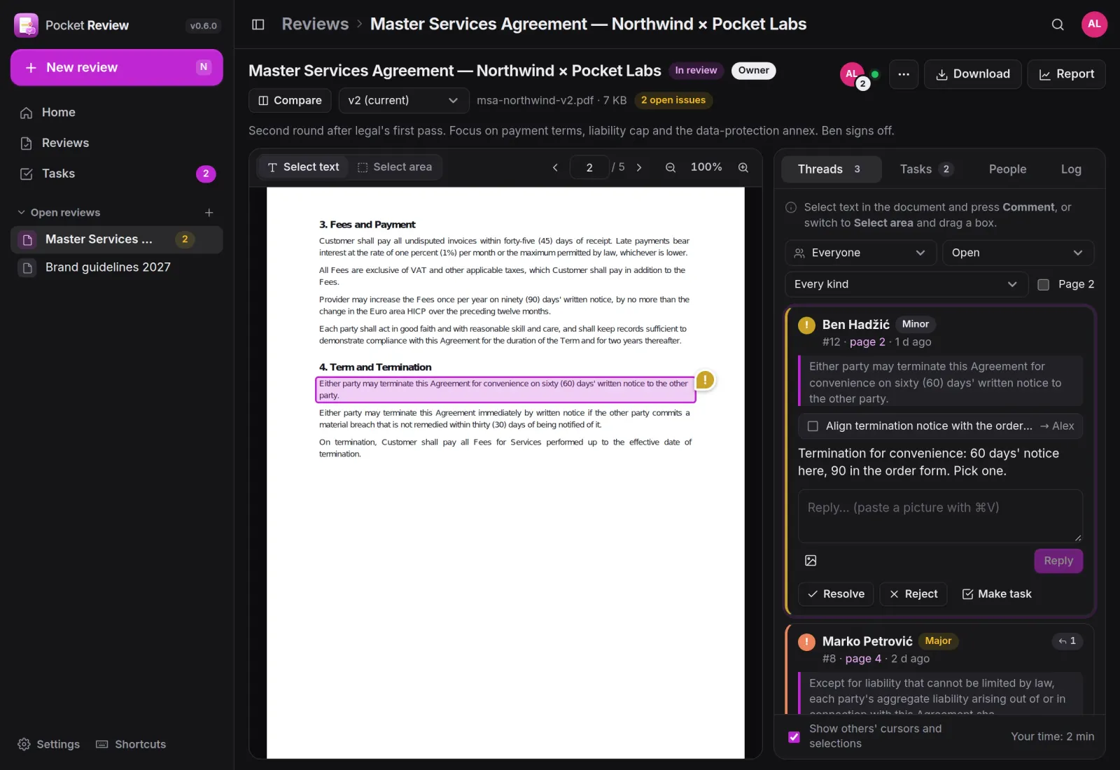 A contract under review: a termination clause highlighted on page 2 and the minor issue about it in the thread list