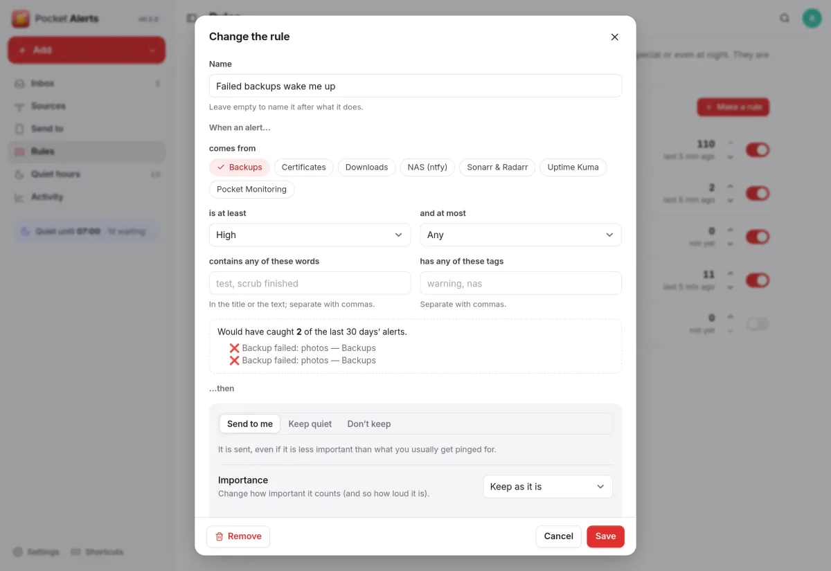 Editing a rule for failed backups, with a preview showing it would have caught two alerts in the last 30 days