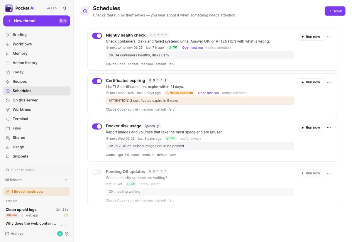 Pocket AI schedules: a nightly health check, expiring certificates and Docker disk usage with their last results