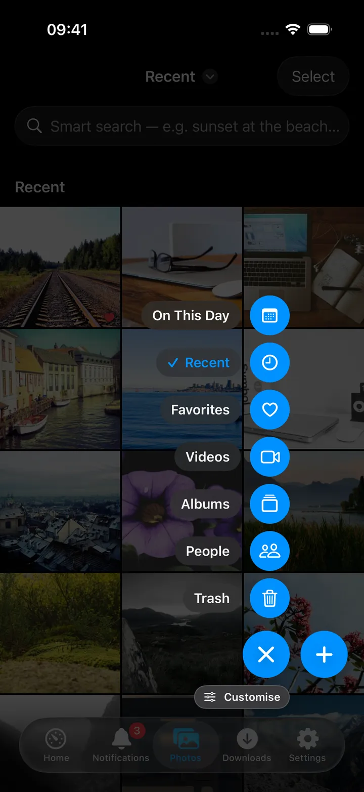 The Photos screen action button with its menu of views open and Recent ticked