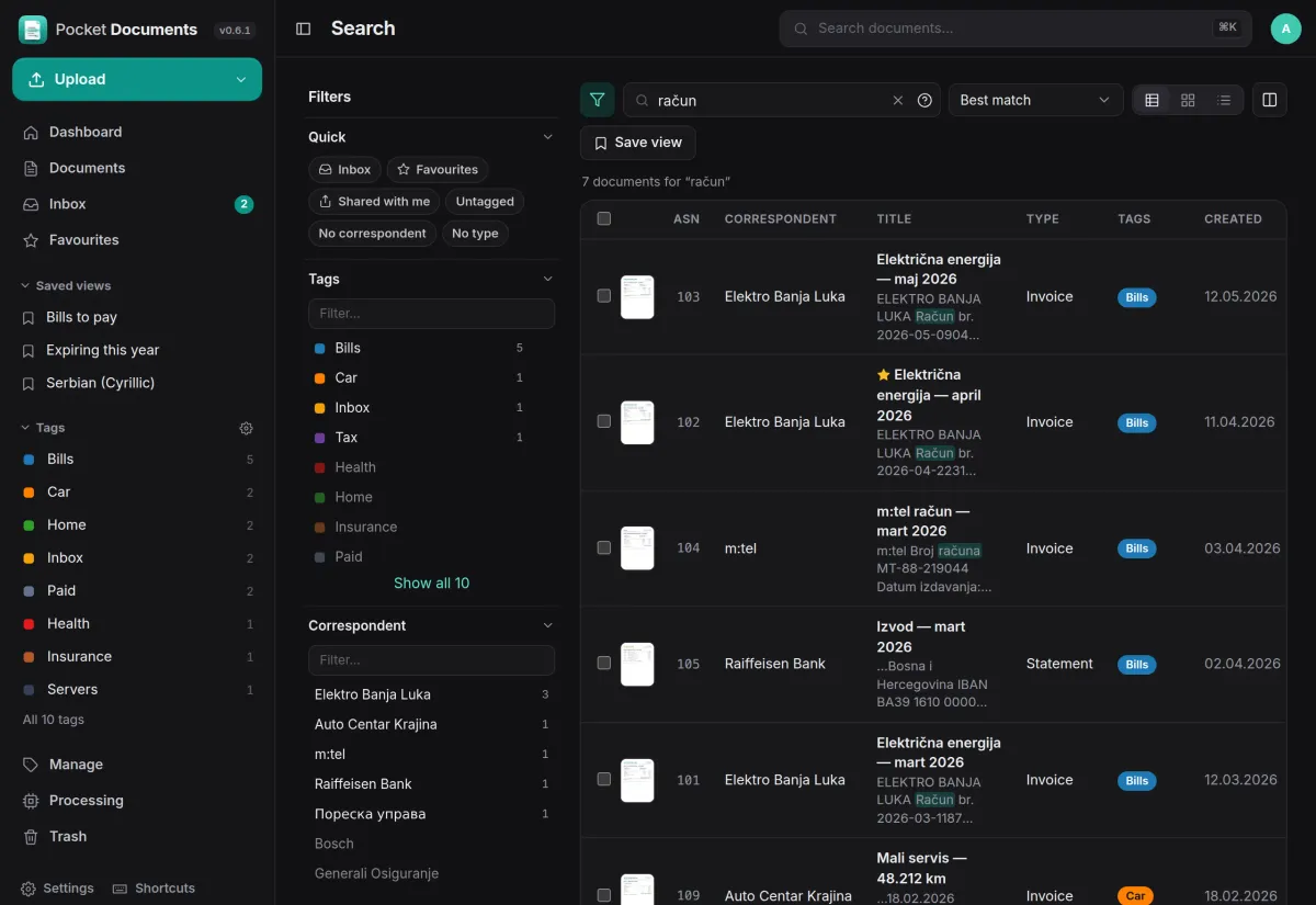 A search for an invoice word: seven bills and statements with highlighted passages, and tag and correspondent filters with counts