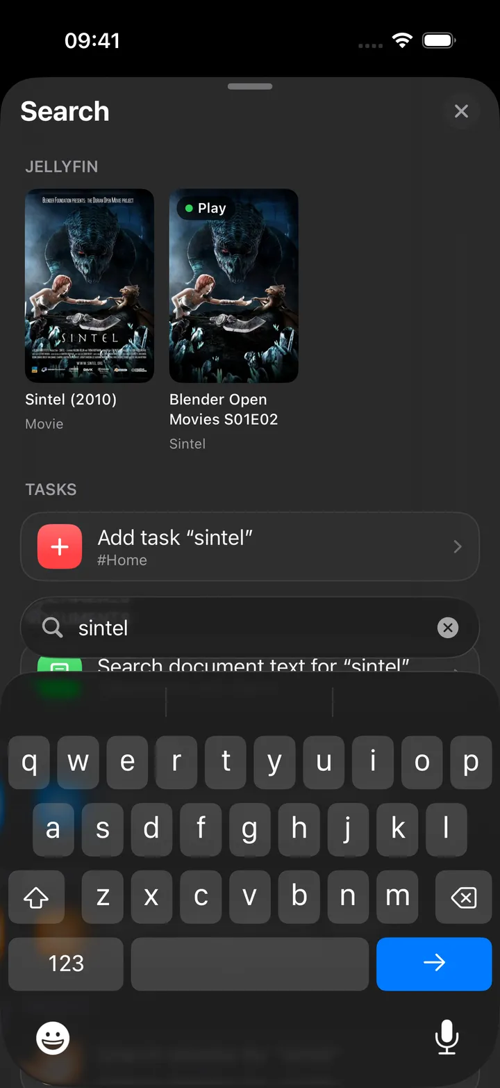 Search sheet with Jellyfin results for sintel, then Add task and document search