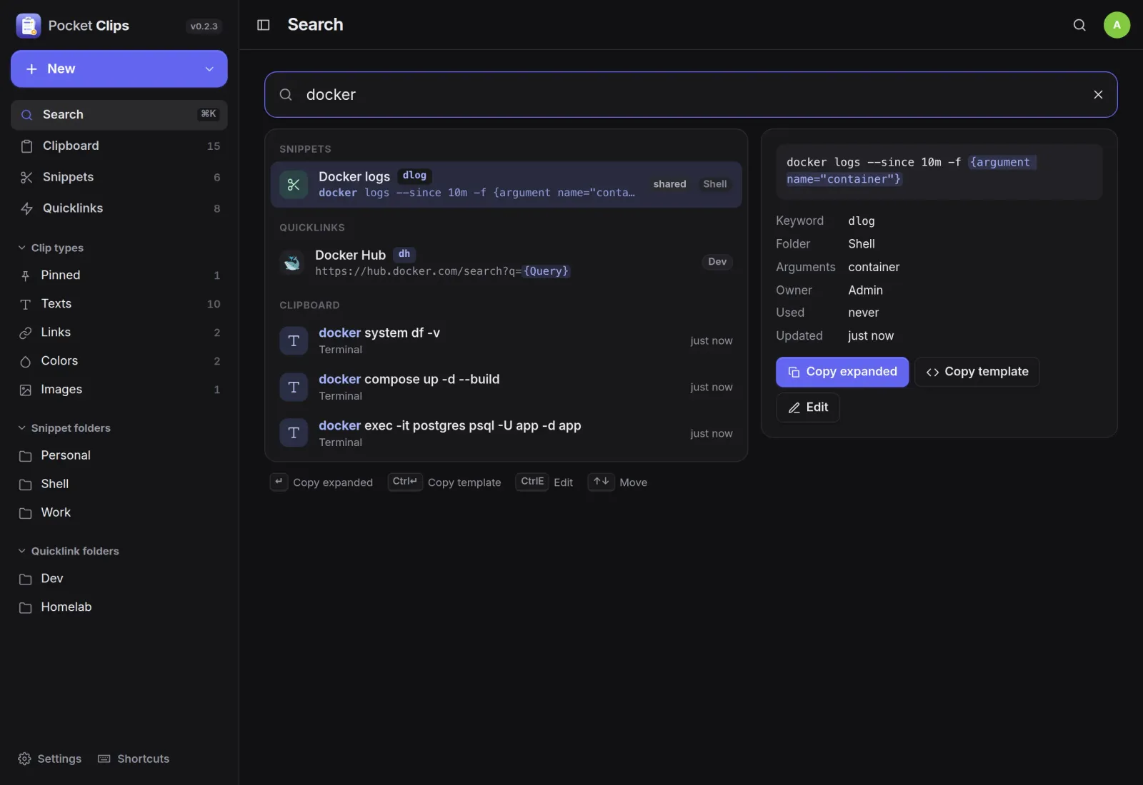 A search for docker finding a snippet, a Docker Hub quicklink and three docker commands from the clipboard