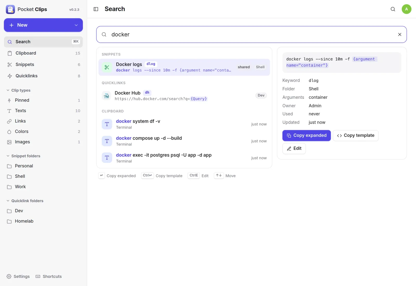 A search for docker finding a snippet, a Docker Hub quicklink and three docker commands from the clipboard