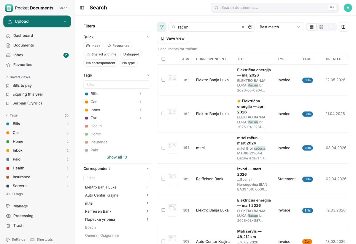 A search for an invoice word: seven bills and statements with highlighted passages, and tag and correspondent filters with counts