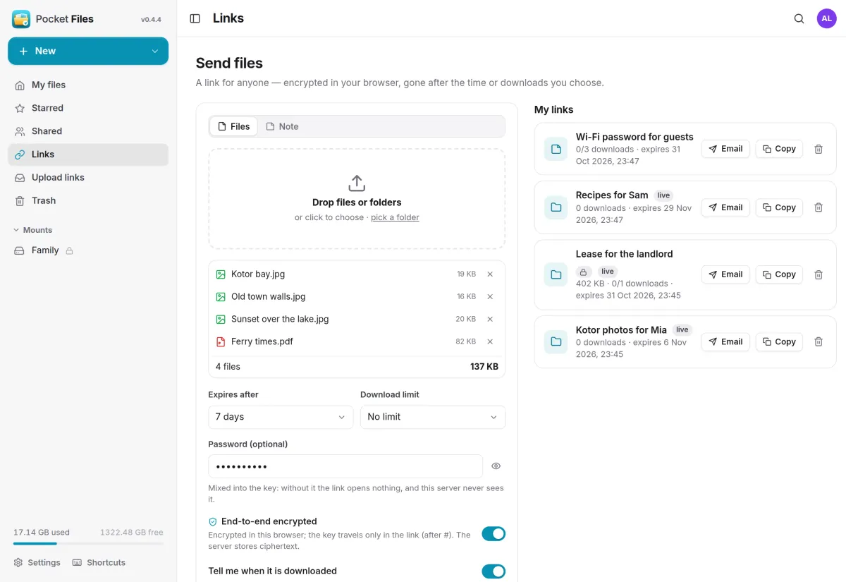 The Send page: four files ready to go with a 7-day expiry and a password, beside a list of active links