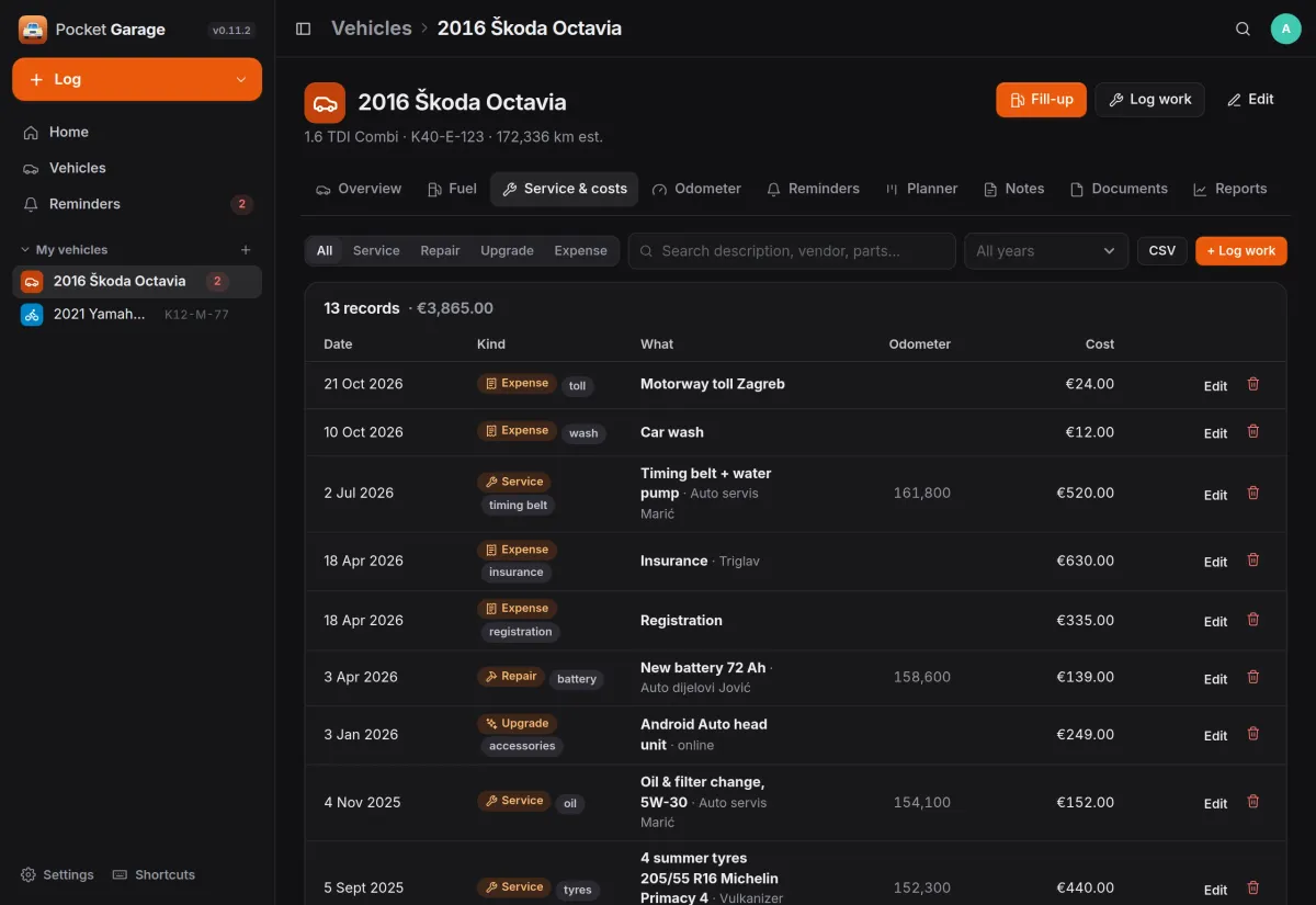 The Service & costs tab: 13 records including a timing belt and water pump, insurance, registration and a new battery