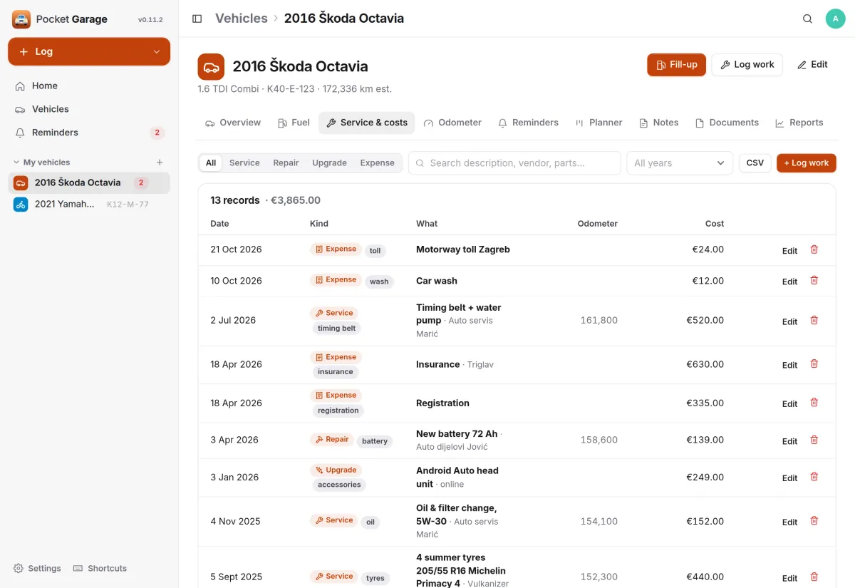 The Service & costs tab: 13 records including a timing belt and water pump, insurance, registration and a new battery