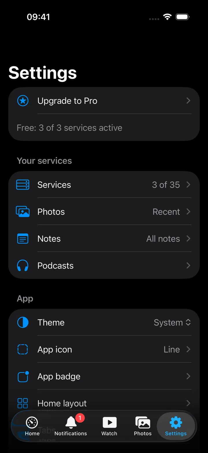 The Settings list