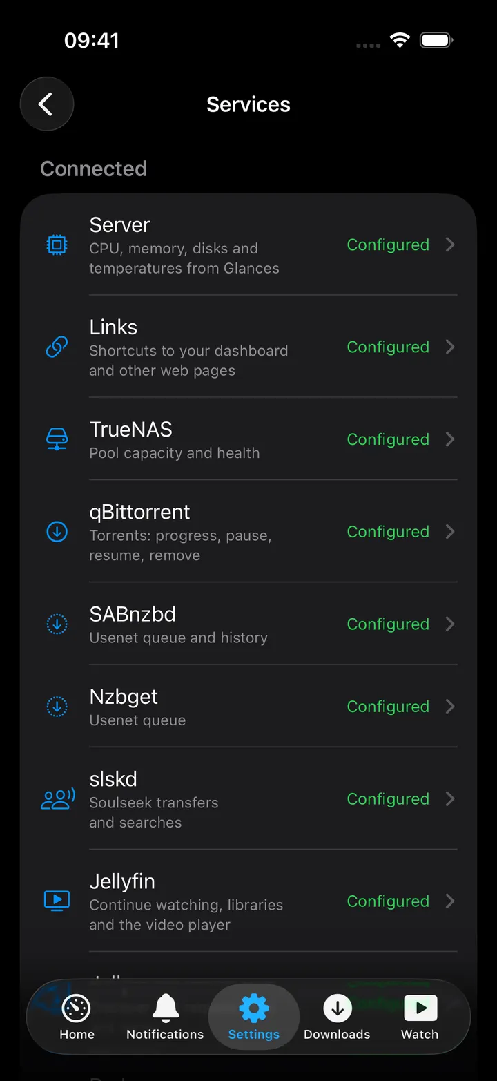 Settings → Services list with each service's status