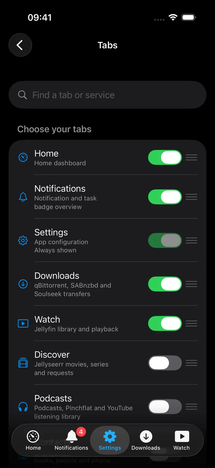 Tabs settings screen with drag handles and toggles