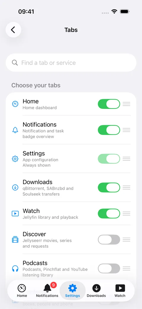 Tabs settings with drag handles and toggles