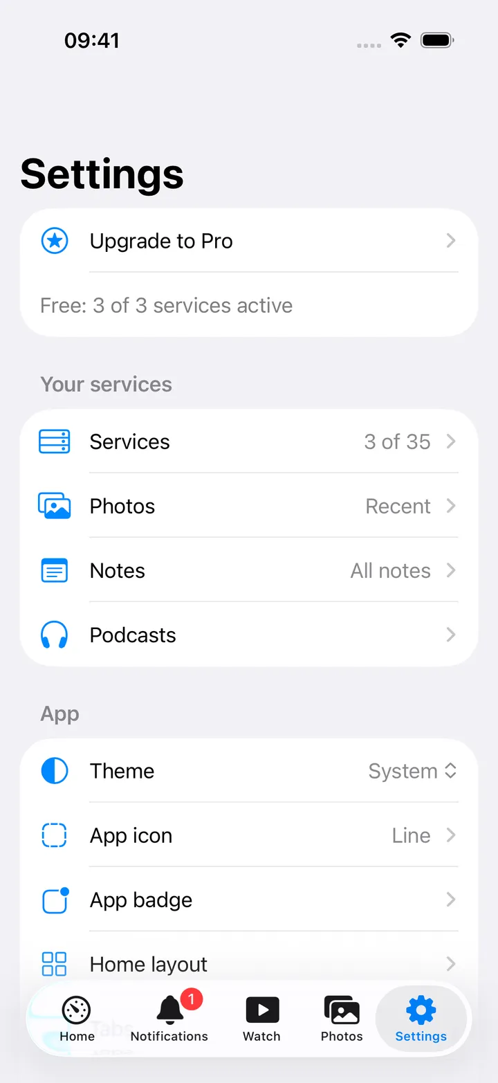 The Settings list