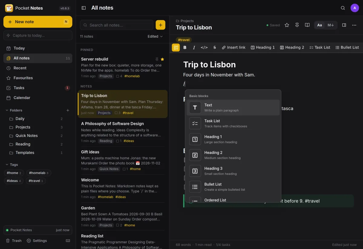 The slash menu open in a note, listing text, task list, three heading sizes and bullet list