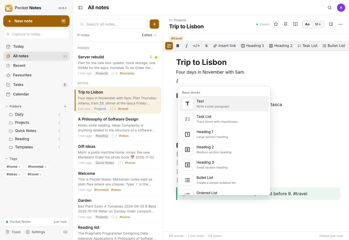 The slash menu open in a note, listing text, task list, three heading sizes and bullet list