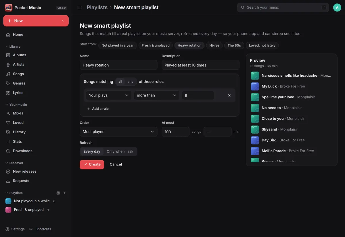 The smart playlist editor: Heavy rotation, songs played more than nine times, with a preview of twelve songs