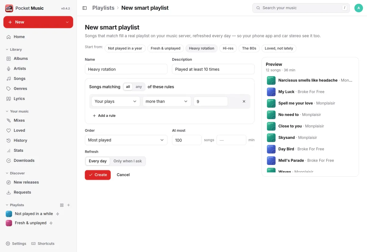 The smart playlist editor: Heavy rotation, songs played more than nine times, with a preview of twelve songs