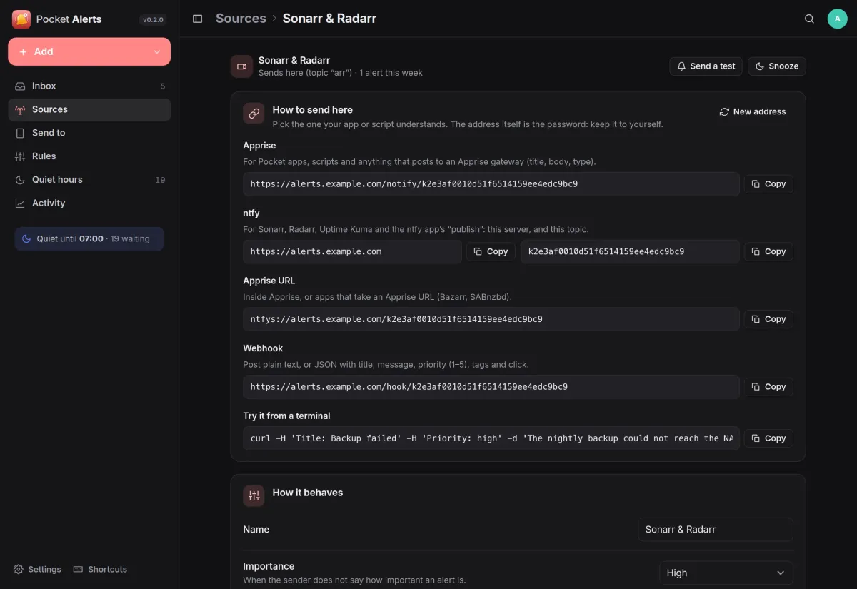 A source page listing its Apprise, ntfy, Apprise URL and webhook addresses with copy buttons and a curl example