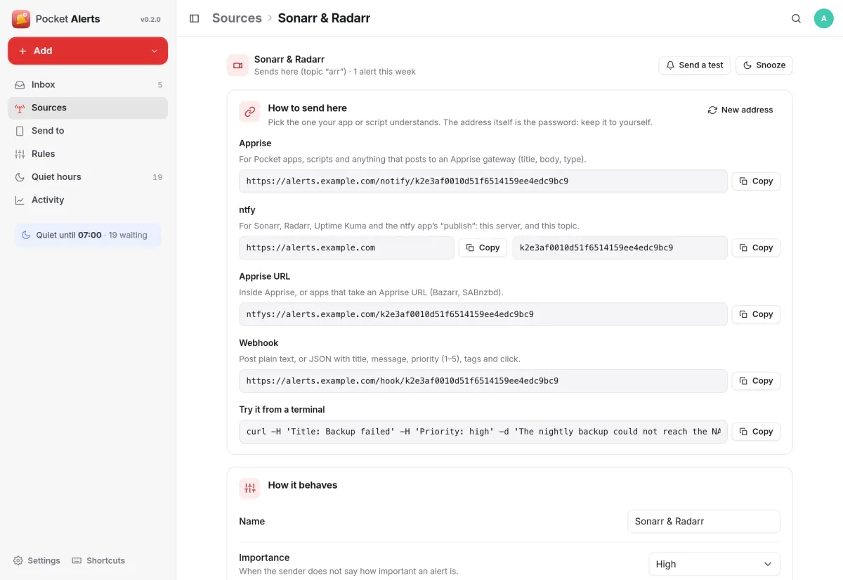 A source page listing its Apprise, ntfy, Apprise URL and webhook addresses with copy buttons and a curl example