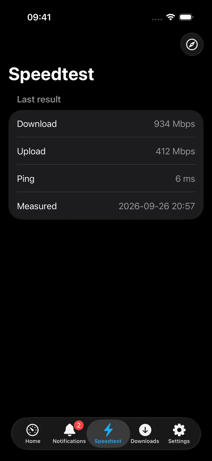 Speedtest screen showing the last result.