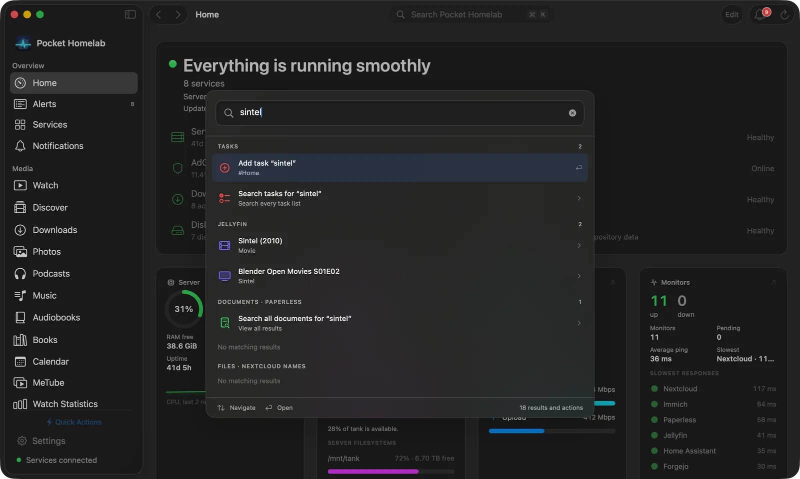 The ⌘K Spotlight overlay with grouped results